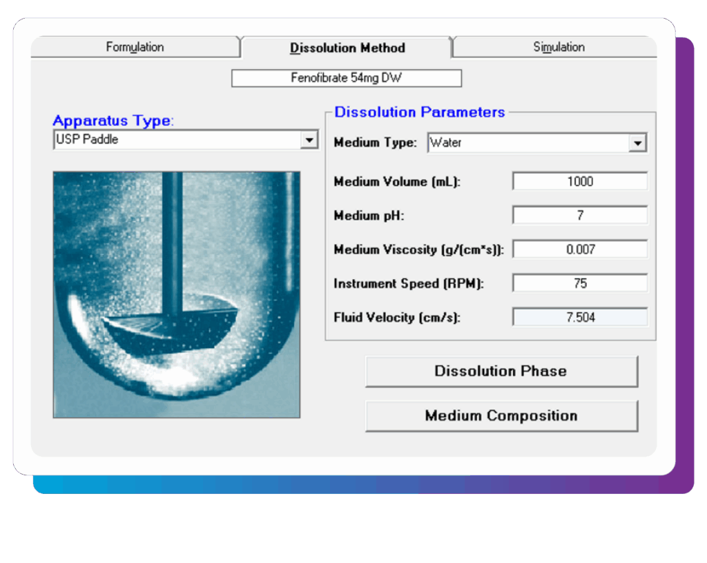 A Simulations Plus interface shows GastroPlus dissolution test settings and a USP paddle image.