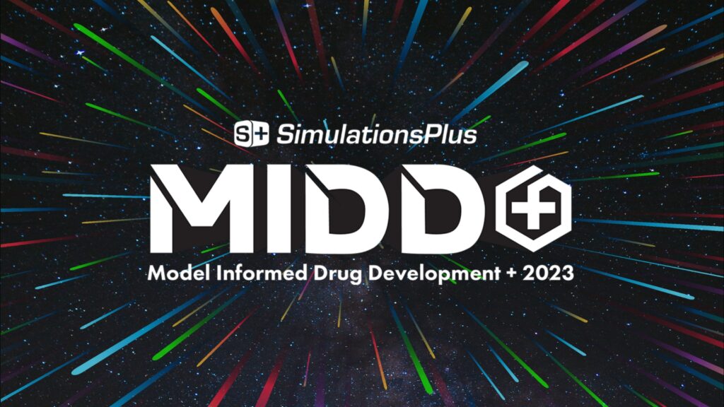 A dynamic graphic highlights "Simulations Plus" with MIDD+ 2023, bursting on a dark backdrop.