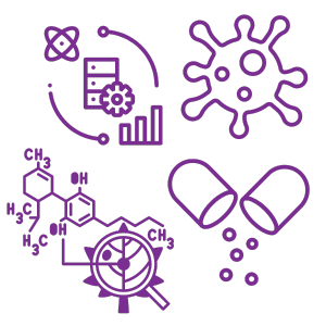 Purple icons of a virus, atom, and capsule highlight Simulations Plus pharmacometrics tools.