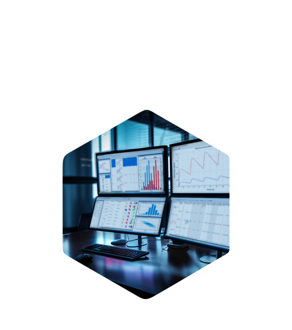 A modern office desk with multiple screens shows Simulations Plus ADMET Predictor and modeling tools in use.