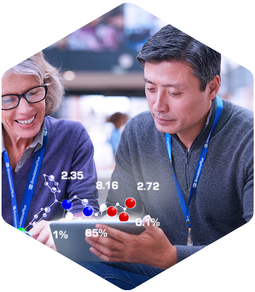 Two people discuss Simulations Plus cheminformatics software at a professional meeting.