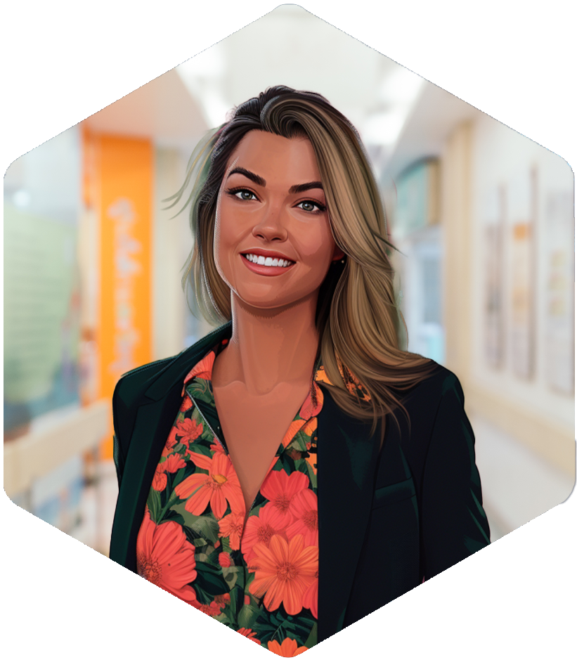 A woman in a vibrant blouse and blazer smiles, evoking an insightful PK/PD simulation moment.