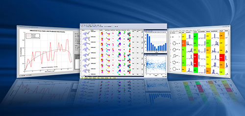 Three monitors display colorful ADMET Predictor data visuals: line graph, bar, and icon charts.