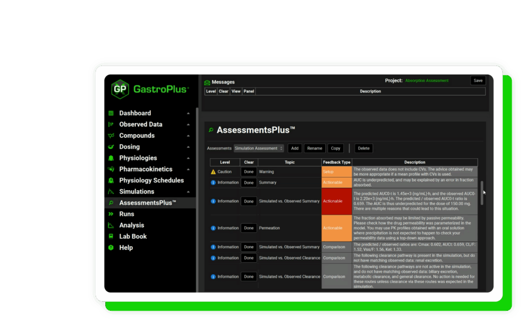GastroPlus AssessmentsPlus software interface by Simulations Plus displaying drug interaction analysis.
