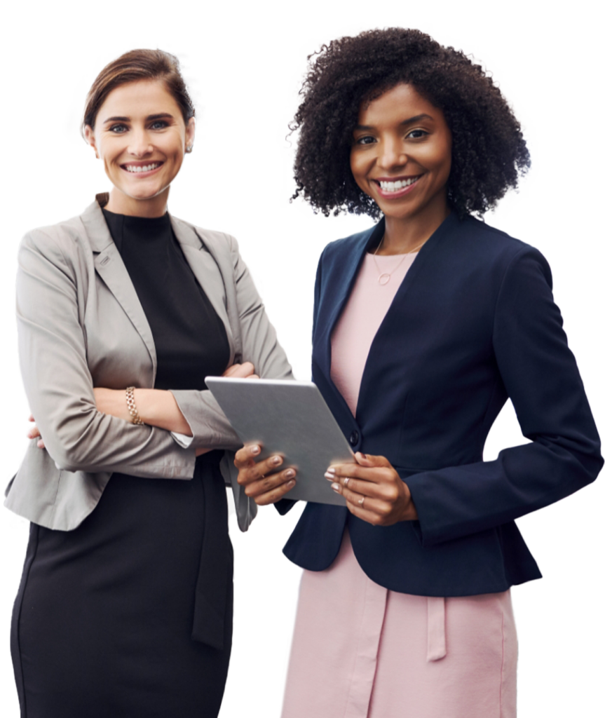 Two women, ready for a Protocol Optimization meeting, exude professionalism in business attire with tablets.