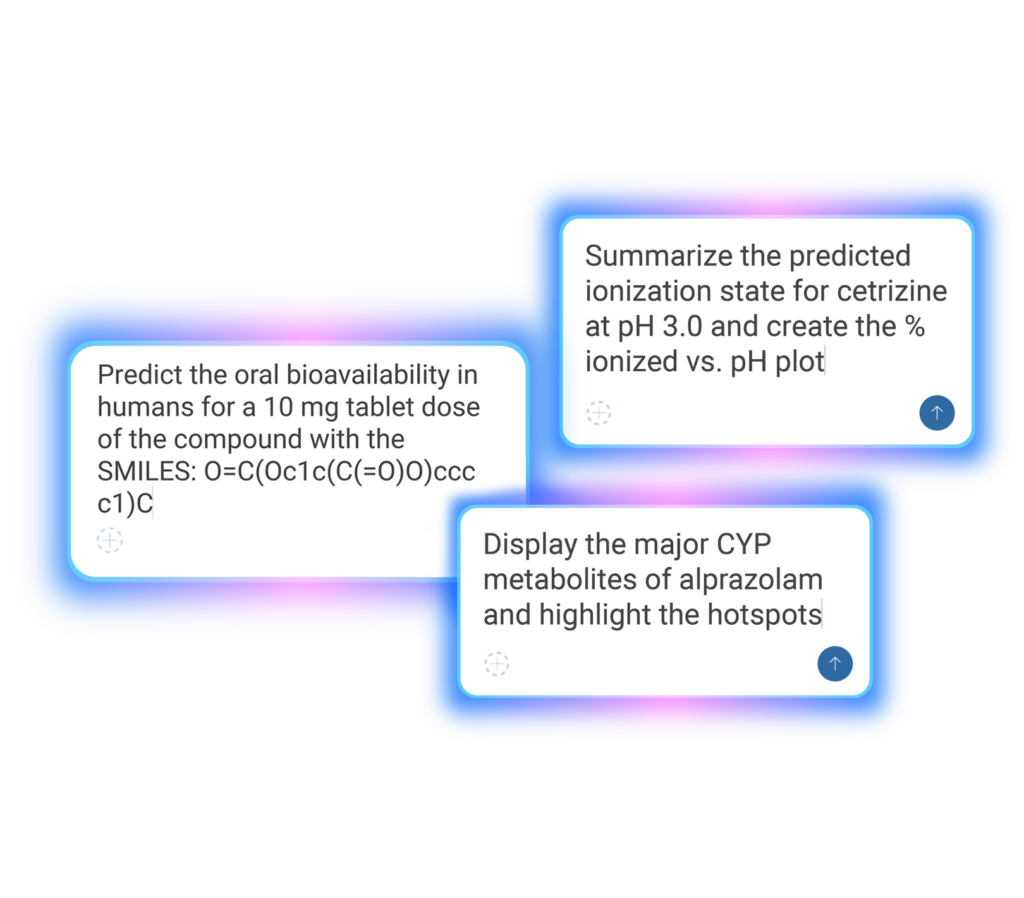 Three glowing cards show PKPlus and ADMET Predictor prompts with interactive bioavailability and metabolism hotspots.