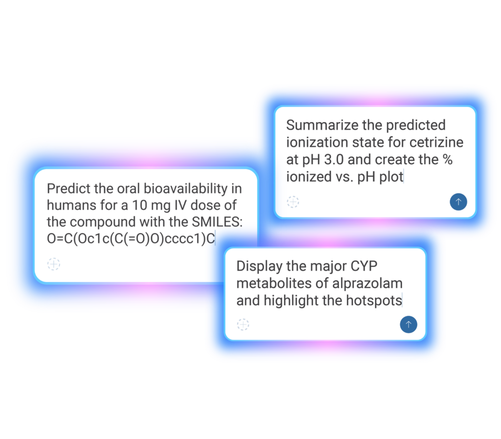 Three glowing text boxes show queries answered by GastroPlus, ADMET Predictor.
