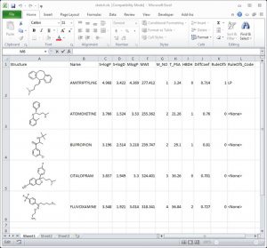 Structures and properties exported and displayed in Excel