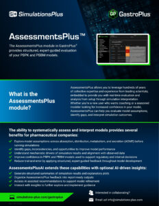 Promotional flyer for SimulationsPlus GP AssessmentsPlus™ features PBPK, PBBM, DDI, IVIVC solutions for pharma.