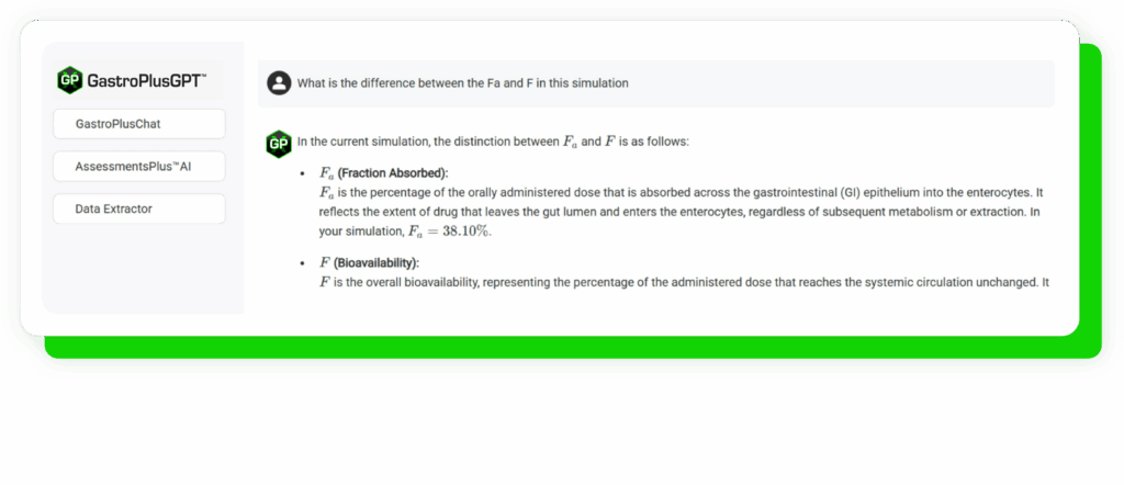 A GastroPlusGPT screenshot in a Simulations Plus interface explains Fₐ vs. F using PBPK modeling tools.