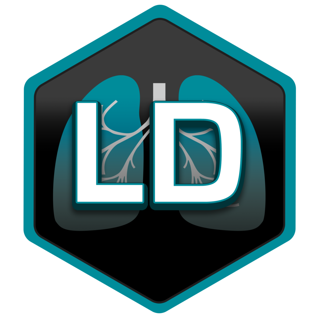 Stylized Simulations Plus "LD" logo in bold white on teal lungs, framed by a teal border.