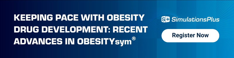 Simulations Plus webinar banner on OBESITYsym, PBPK modeling, and drug development solutions; blue wavy background, logo, "WEBINAR".
