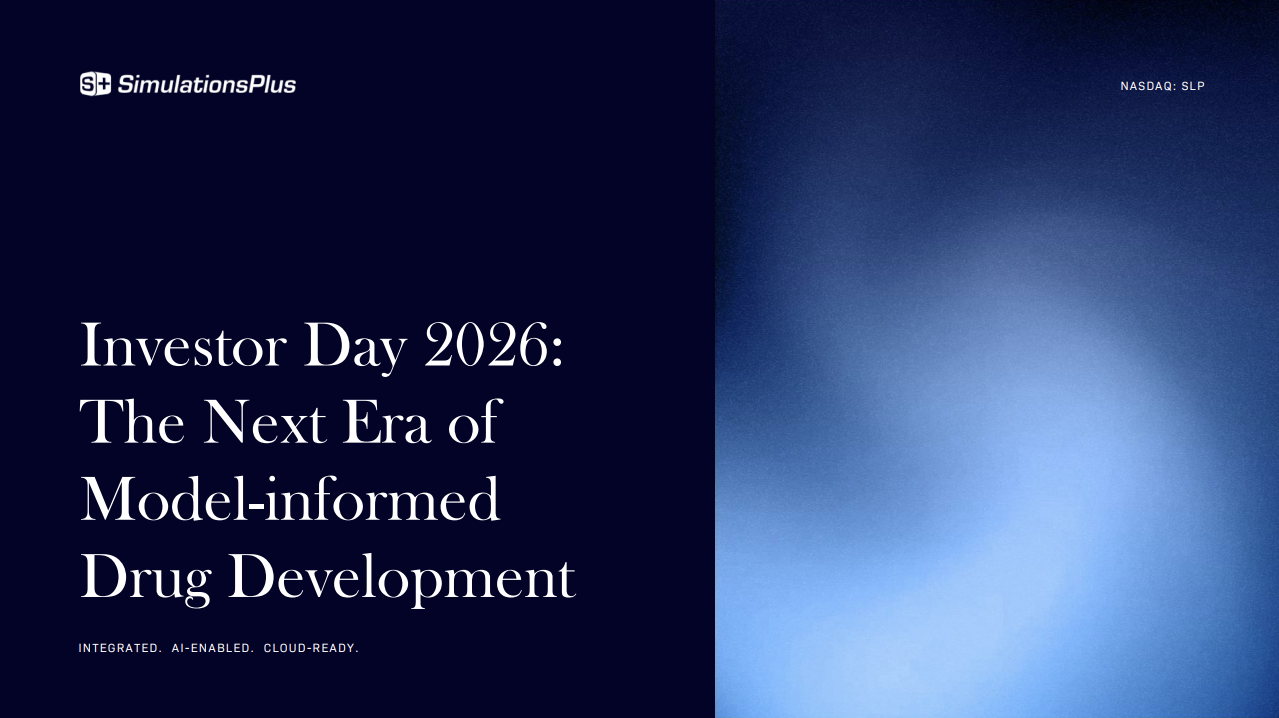Simulations Plus Investor Day 2026 slide on PBPK, DDDPlus, and AI-powered modeling, blue gradient background.