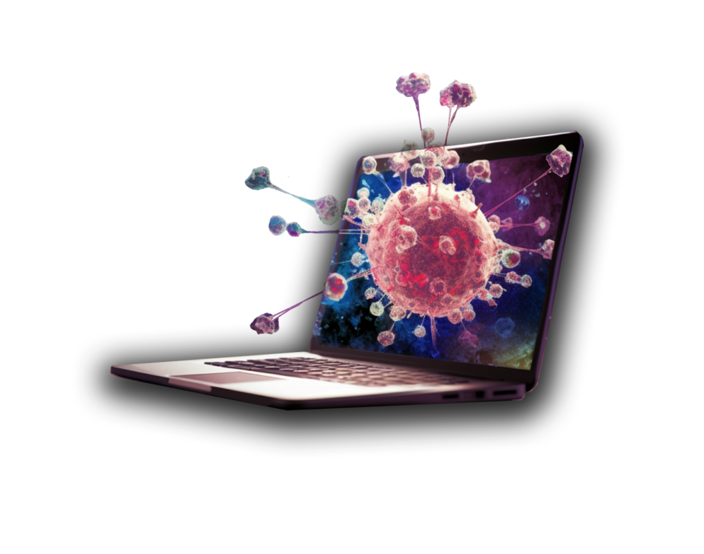 On a laptop, the virus illustration symbolizes threats; QSP Software defends against them.