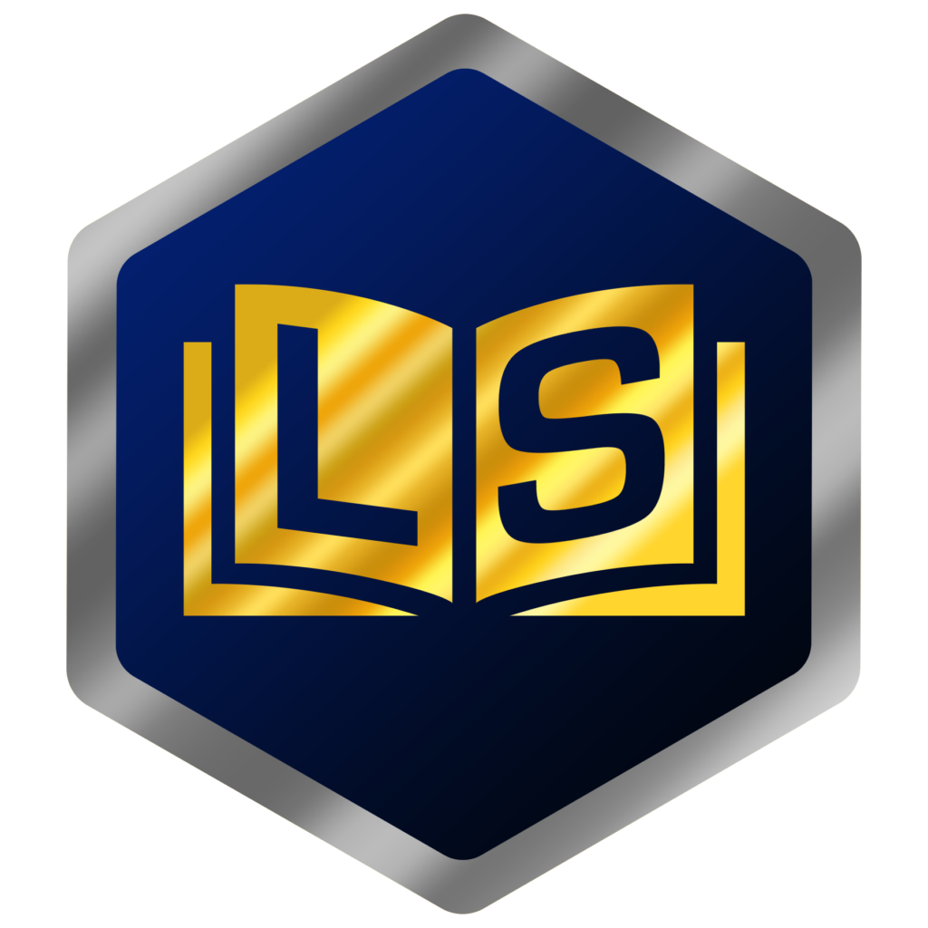 A hexagonal badge with a blue backdrop, gold-silver edge, and "LS" on an open book for Learning Services.