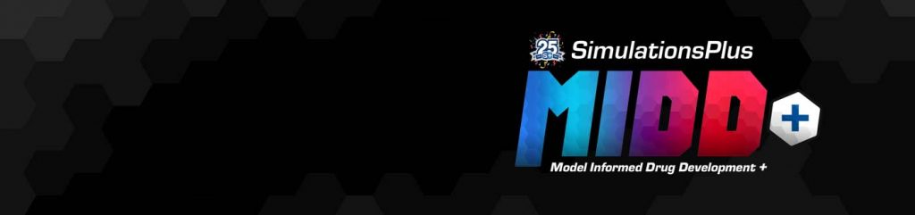 The banner highlights "Simulations Plus MIDD+," celebrating 25 years, with a sign-up for experts.
