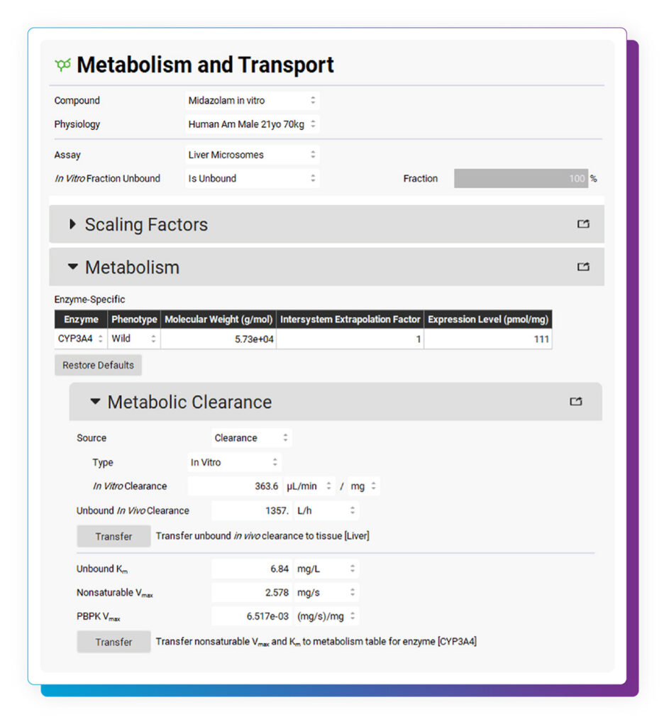 A GastroPlus screenshot shows Midazolam's nonlinear PK with enzyme data & metabolic clearance.