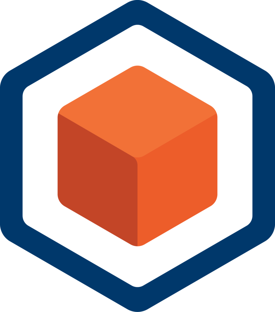 A stylized orange and red 3D cube for Simulations Plus clinical trial simulation training sits in a dark blue hexagon outline on a white background.