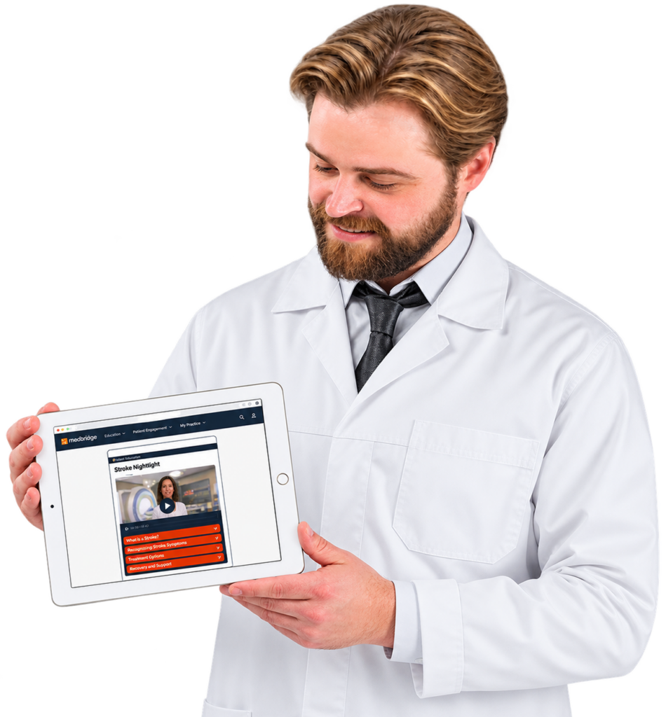 A man in a white lab coat smiles at a tablet showing Simulations Plus clinical trial solutions.