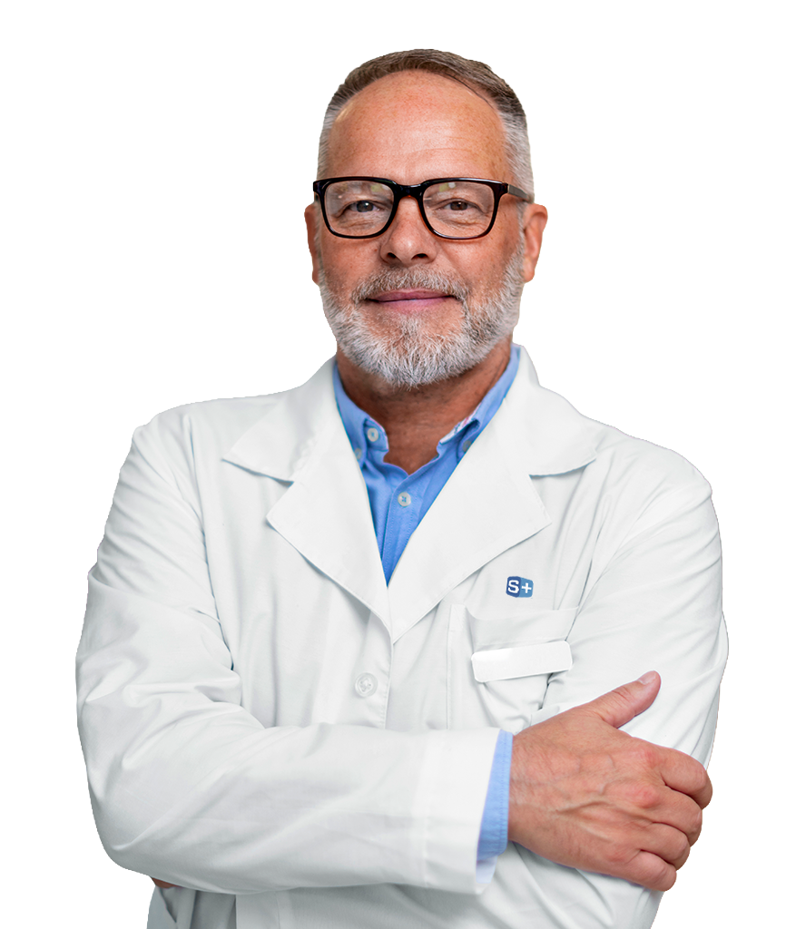 A confident Simulations Plus scientist wearing a lab coat with Career Center emblem crosses arms of model-informed drug development