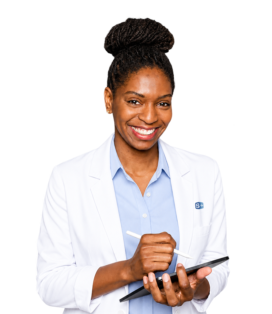 A confident Simulations Plus scientist wearing a lab coat with Career Center emblem crosses arms of model-informed drug development