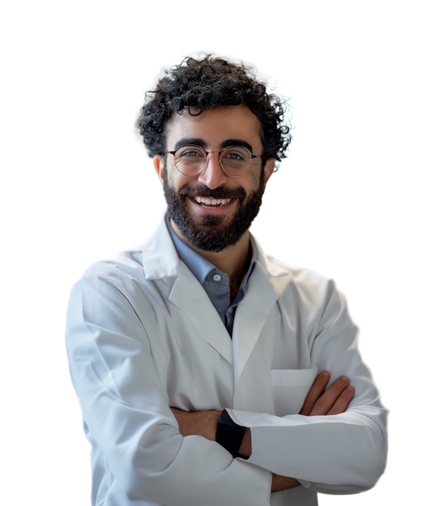 A confident Simulations Plus scientist wearing a lab coat with Career Center emblem crosses arms of model-informed drug development