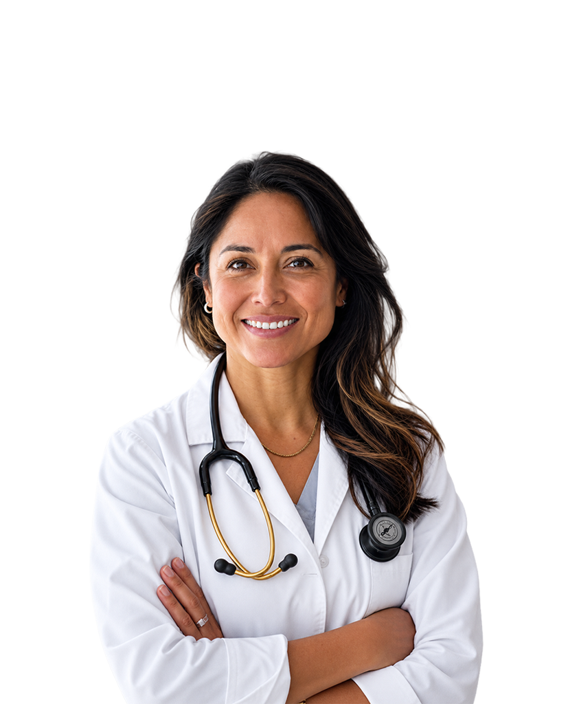 A doctor in a lab coat stands smiling, representing Simulations Plus PBPK modeling expertise.