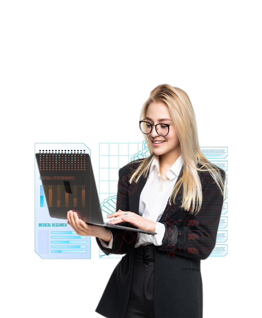 A woman with long blonde hair and glasses, wearing a black blazer over a white shirt, stands holding a tablet displaying **Panorama**'s **KOL Insights** as part of Simulations Plus's advanced data analytics suite, with a holographic-style interface behind her showcasing various data visualizations from Simulations Plus products such as GastroPlus® and ADMET Predictor™, including bar graphs and percentages.