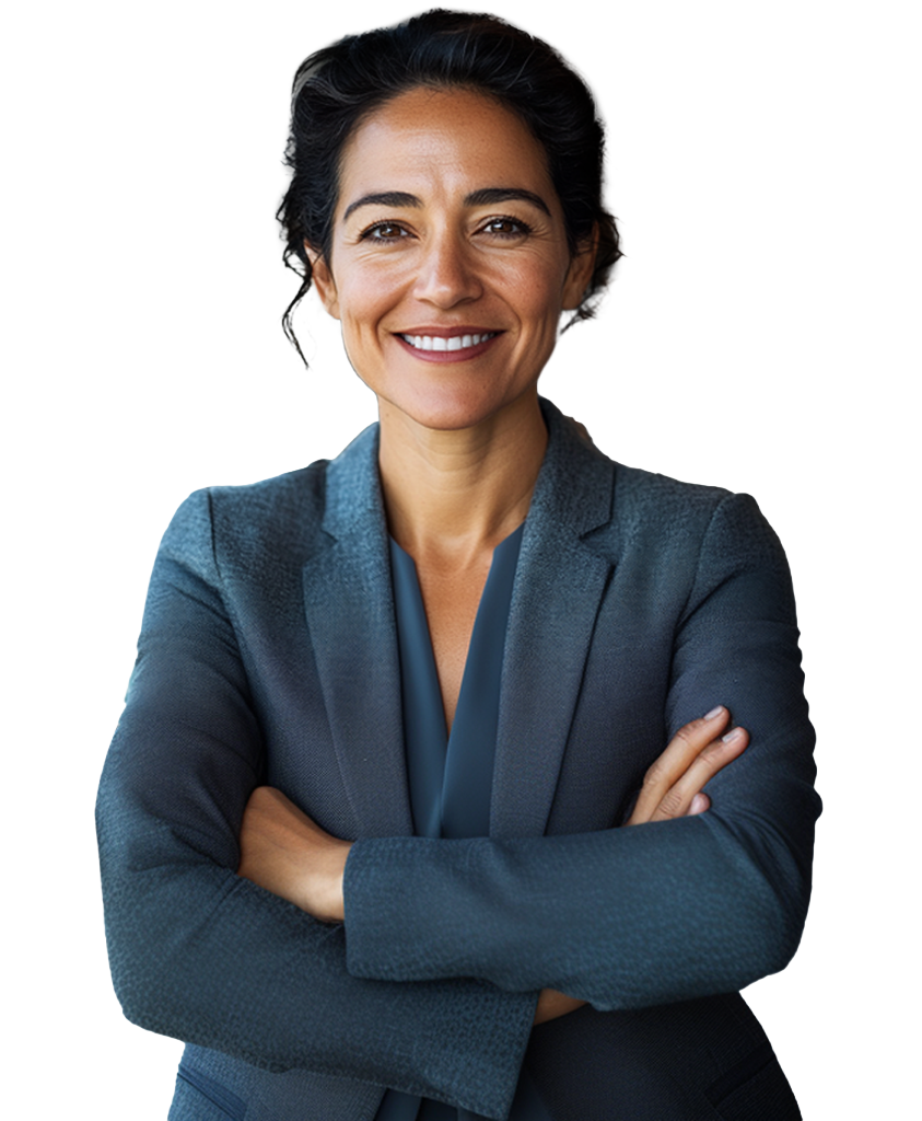 A woman in a blue blazer stands smiling confidently, representing Simulations Plus software and consulting services.