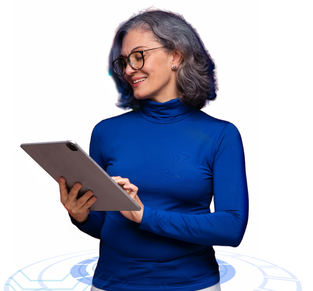 A woman with gray hair and glasses embraces technology, highlighting MonolixSuite QSP expertise.