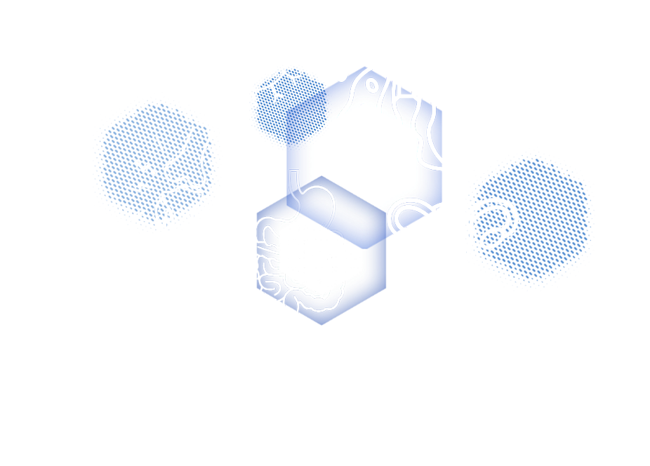 Light blue and white hexagons show medical icons, representing Simulations Plus QSP & PBPK modeling tools.