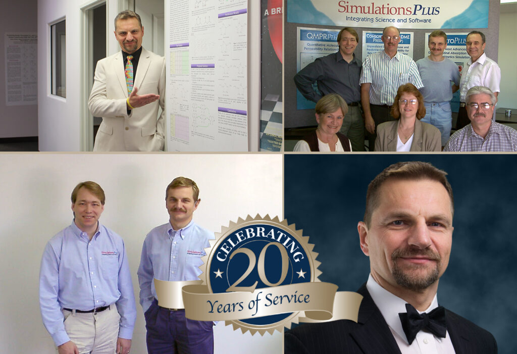 Collage: Robert Fraczkiewicz with Simulations Plus poster, 20-year emblem & team celebration.