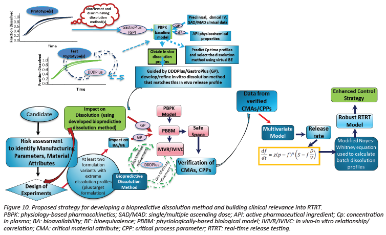 A flowchart for biopredictive dissolution in dosage forms using PBPK, GastroPlus, and PK modeling.