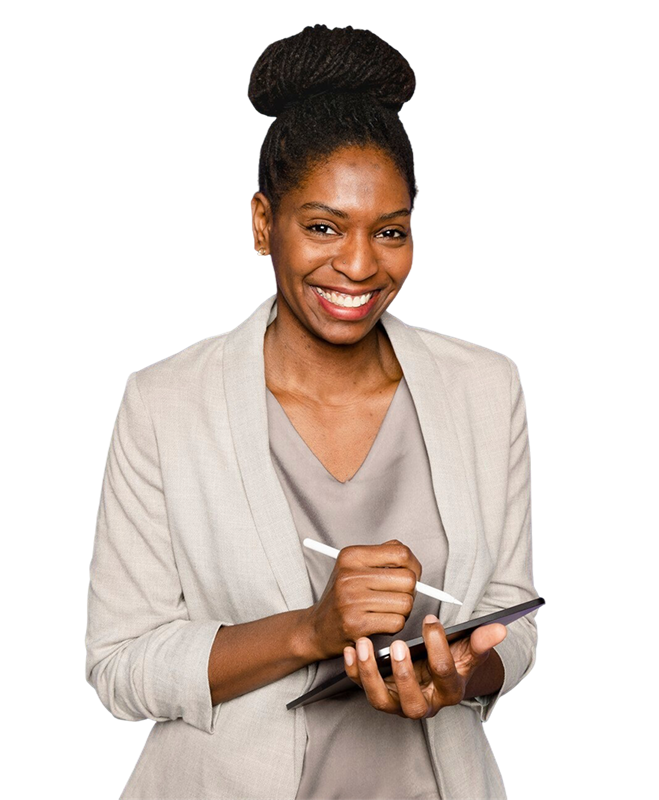 A smiling woman uses a tablet and stylus with Simulations Plus software for modeling solutions.