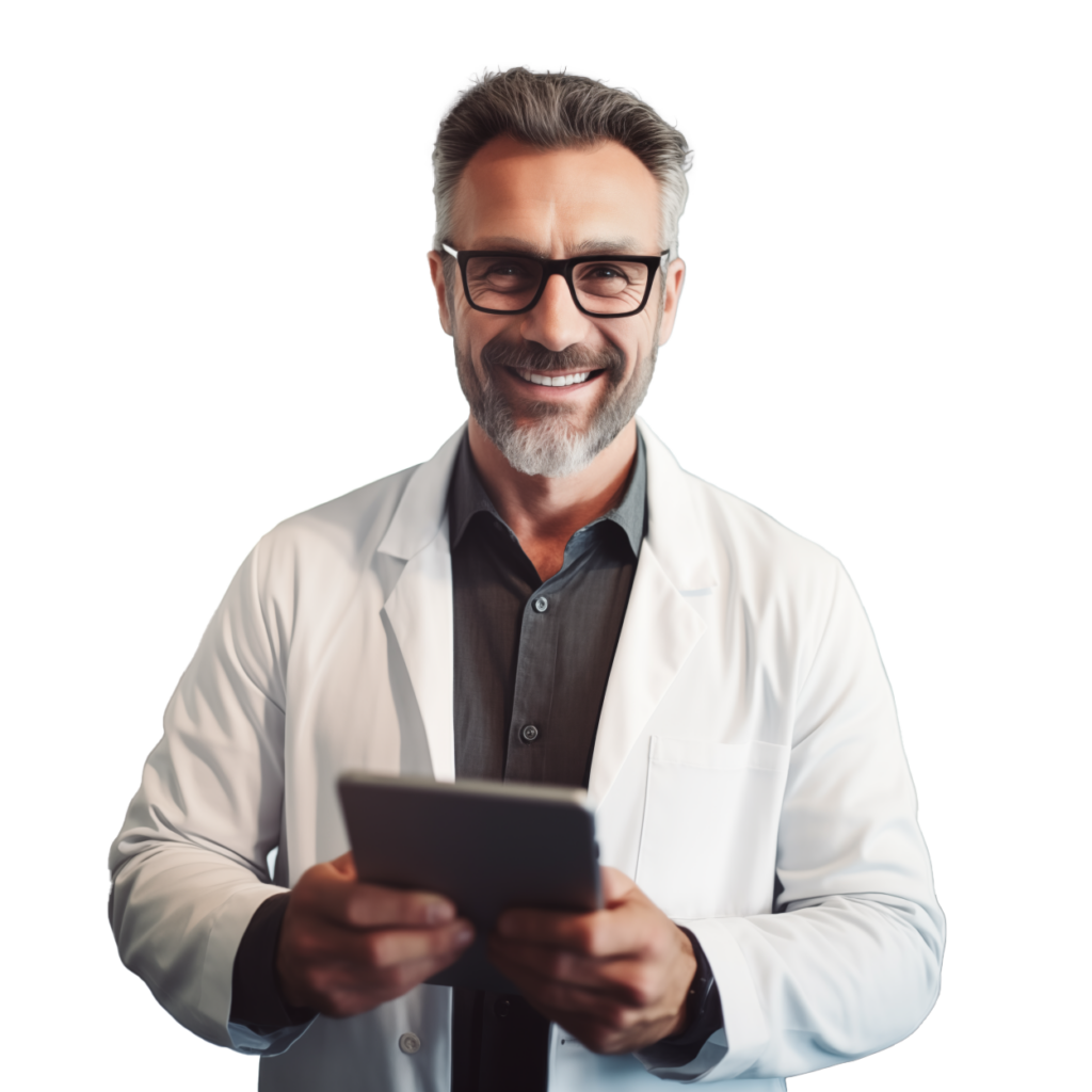 Male researcher holds a tablet and smiles.