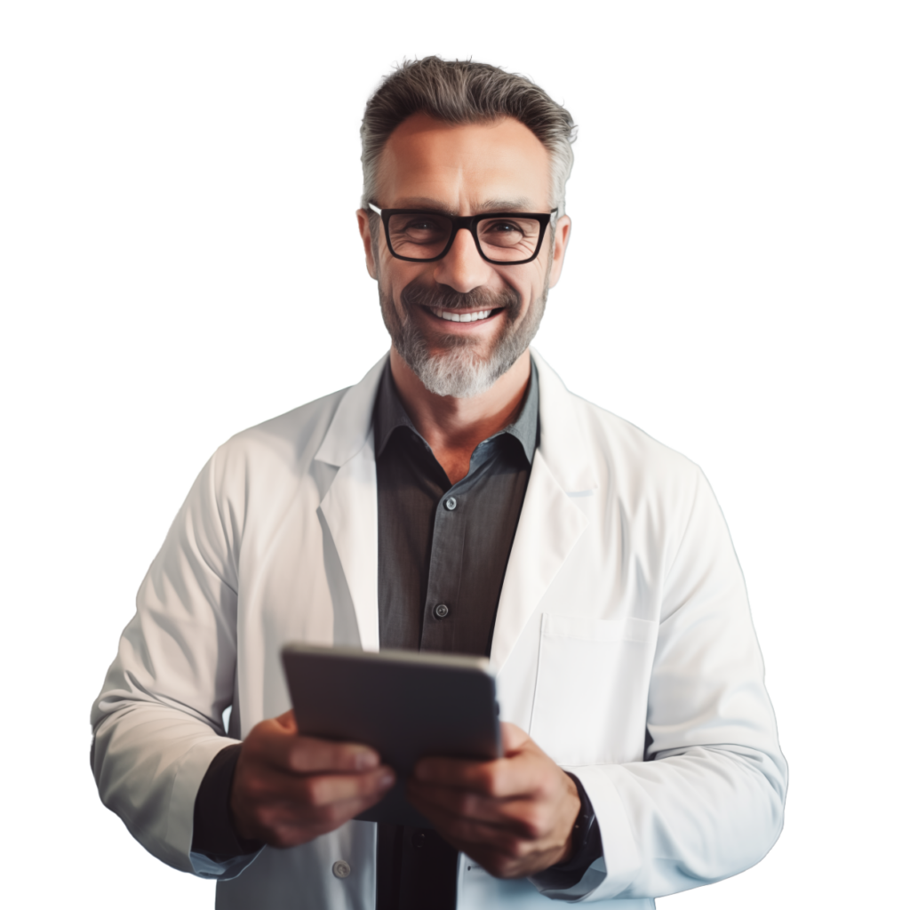 In a white lab coat, a smiling man uses Simulations Plus pharmacometrics software on a tablet.