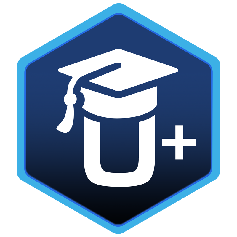 The blue hexagon logo shows a white cap over a "U+" for Simulations Plus' learning services.