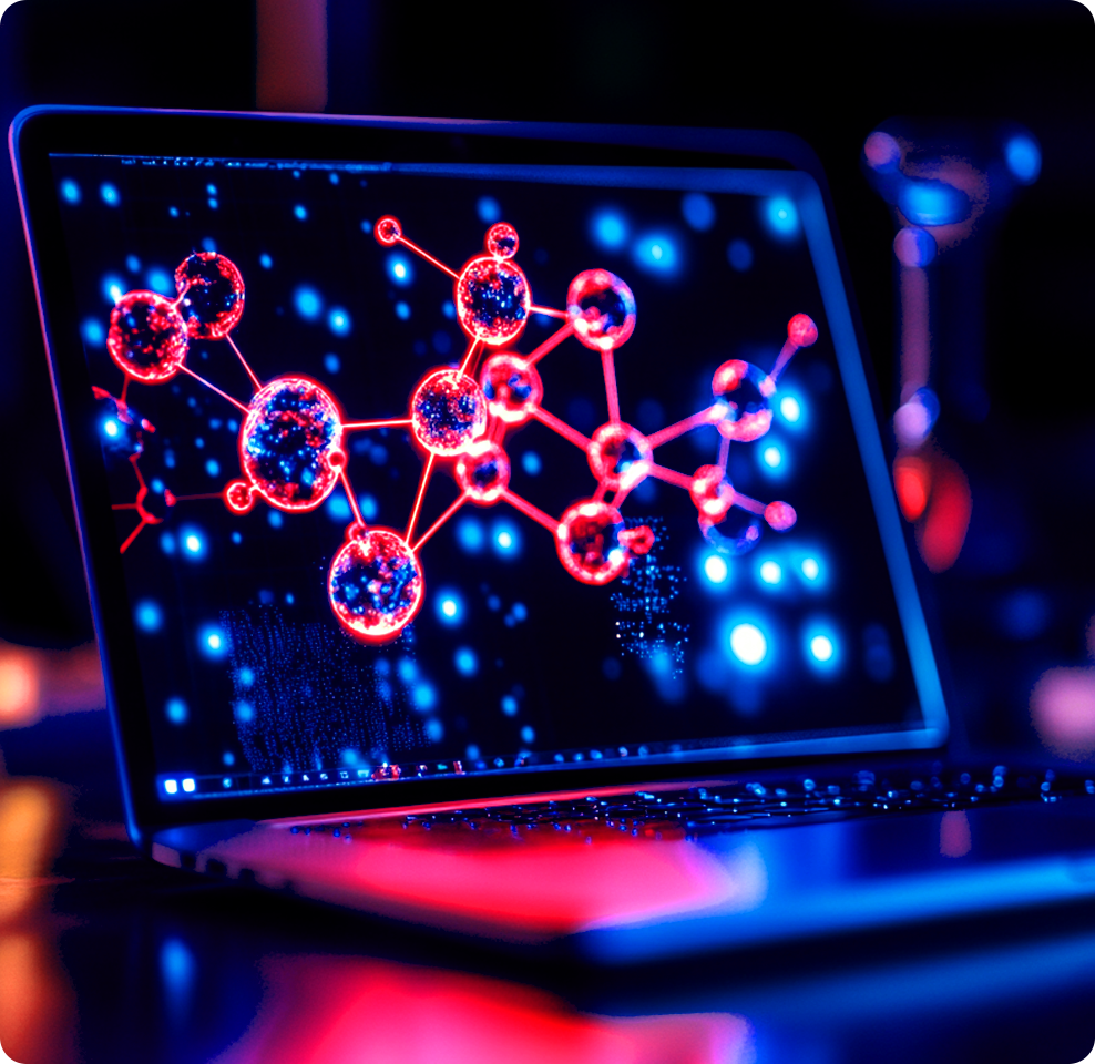 A laptop displays molecular structures, highlighting Simulations Plus ADMET Predictor modeling tools.