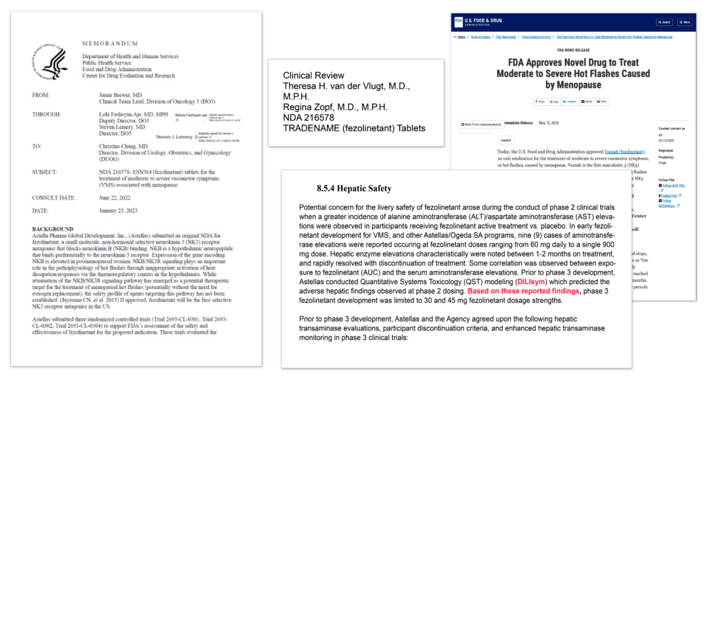 Pictured: memo from the Department of Heath & Human Services, Public Health Service, Food & Drug Administration (FDA) regarding the submission of fezolinetant. Another image shows announcement of drug approval.