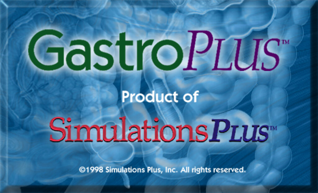 GastroPlus Version 1.0 logo with human intestines, “©1998 Simulations Plus, Inc.” displayed.