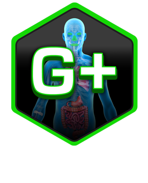 A neon green hexagon frames a human anatomy, with the "G+" for GastroPlus in white forefront.