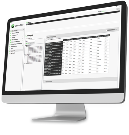 A monitor shows GastroPlus X's dashboard featuring numerical "Analysis" data for PBPK modeling.