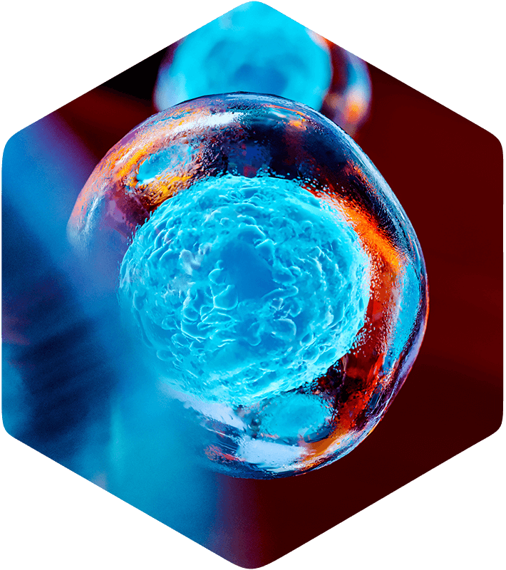A glowing blue cell symbolizes Simulations Plus' cutting-edge AI in drug discovery visuals.