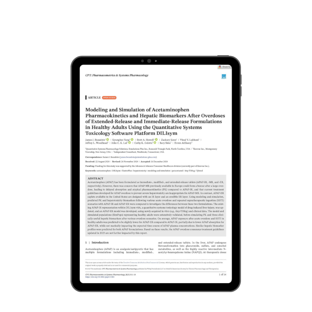 A tablet displays a Monolix-based Simulations Plus PBPK modeling article in CPT:PSP.