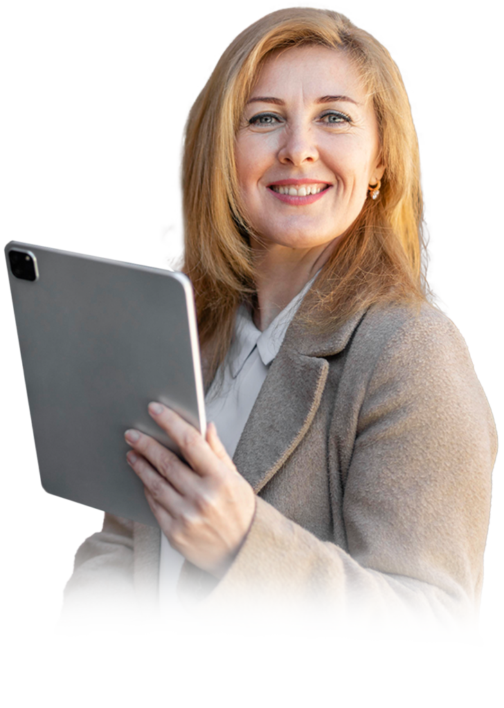 A woman smiles, holding a tablet, eager to explore Simulations Plus modeling & simulation tools.