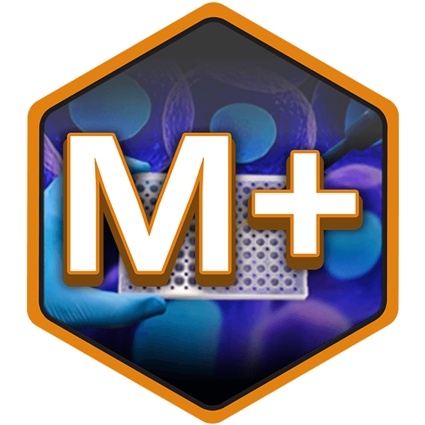 An orange hexagon with "M+" shines over a gloved hand holding a lab plate of Caco-2 cells.