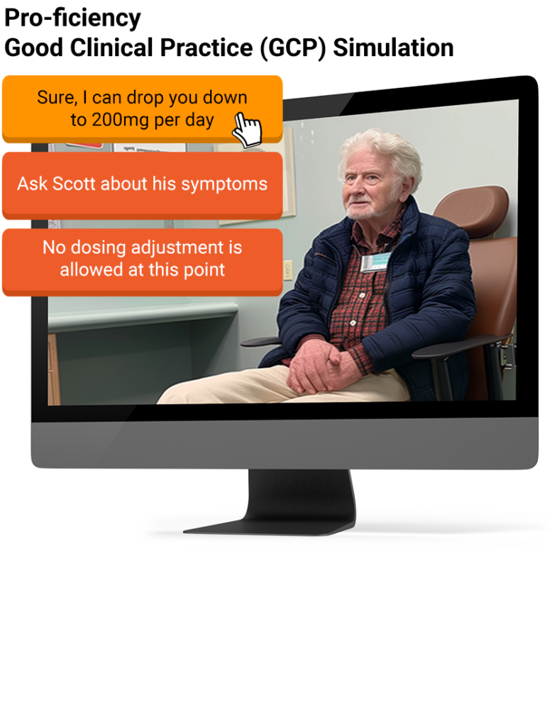 A screen displays a GCP simulation using Simulations Plus software for Continuing Medical Education.