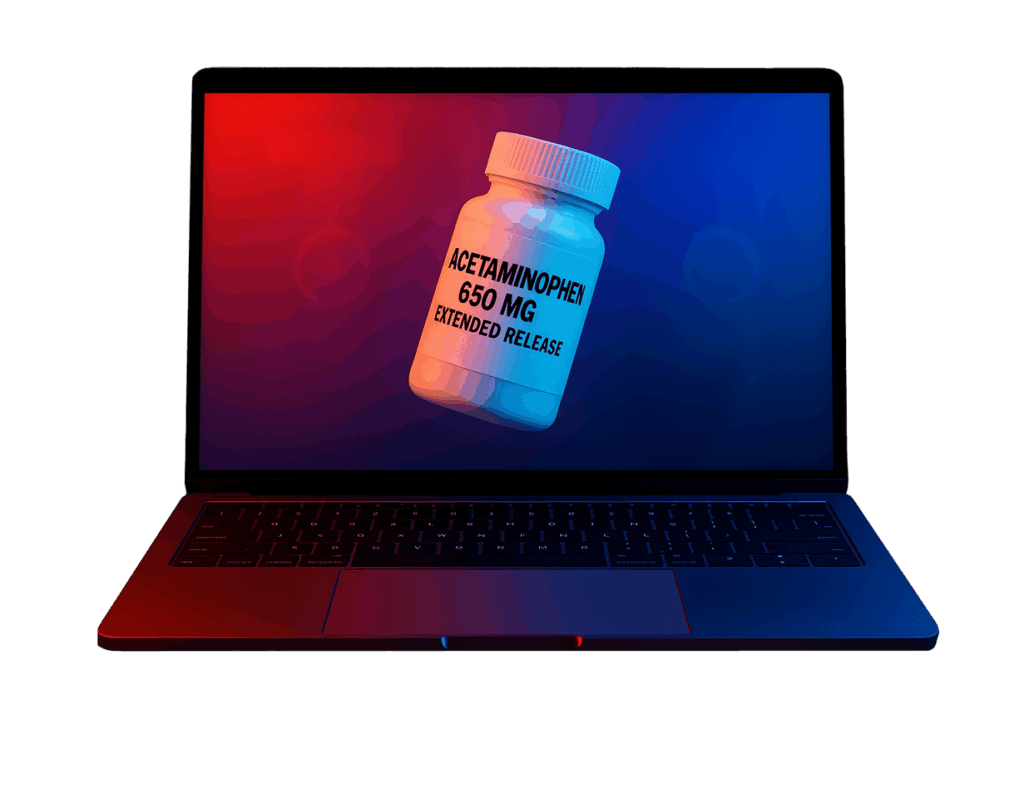 A laptop shows GastroPlus simulating ACETAMINOPHEN 650 MG ER for digital health insights.