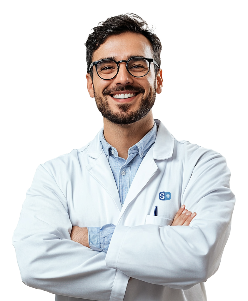 A confident Simulations Plus scientist wearing a lab coat with Career Center emblem crosses arms.
