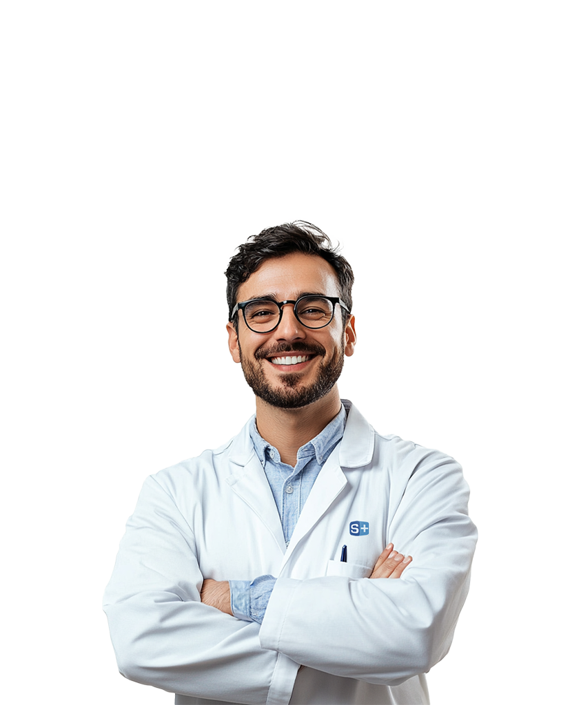 A confident Simulations Plus scientist wearing a lab coat with Career Center emblem crosses arms.